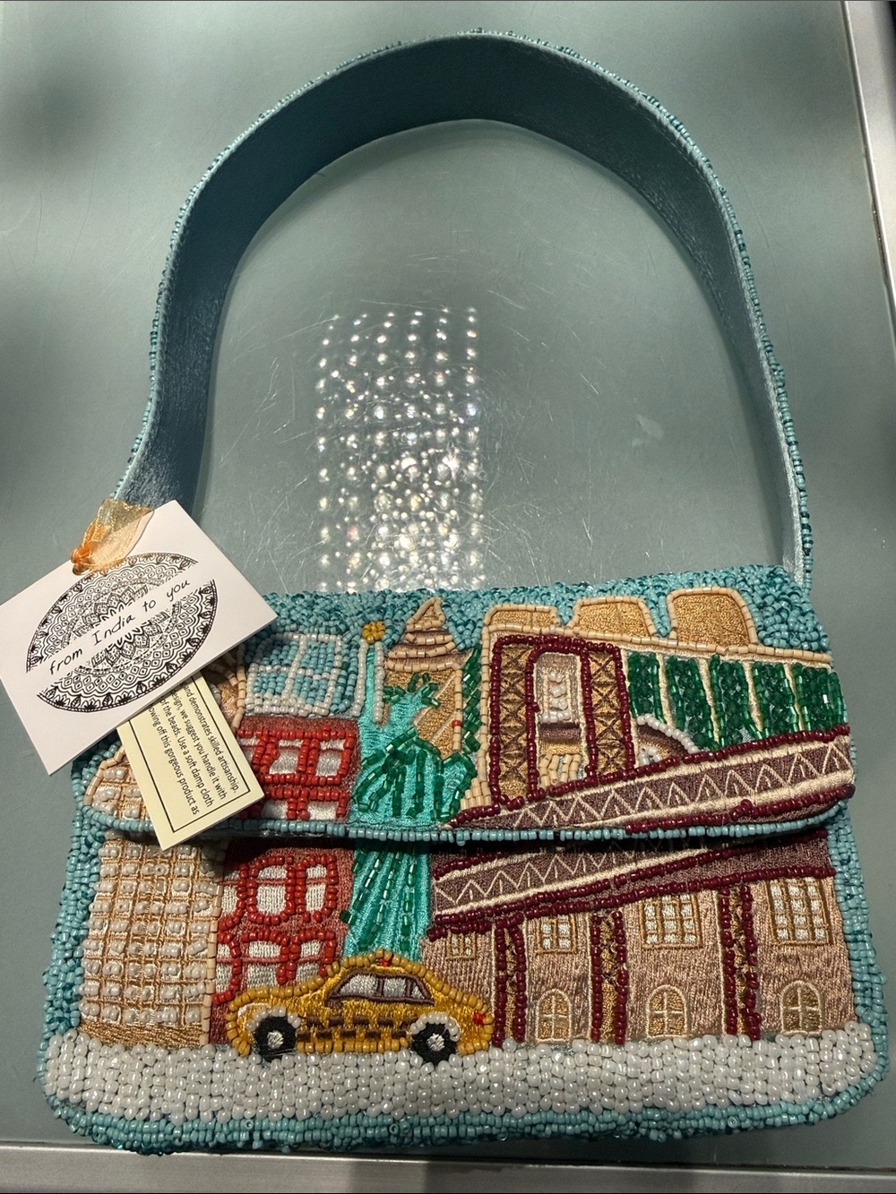 NWT~ Beaded Cityscape Shoulder Bag in Teal